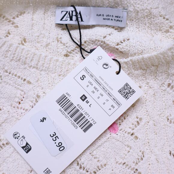 ZARA NEW Floral Crochet Knit Top Ivory Embroidered Short Sleeve Women's S - Picture 9 of 11